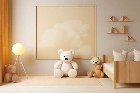 a childâs bedroom with a large teddy bear, a bed, and a lamp. The room has a minimalist design with a beige color scheme and wooden accents.の素材