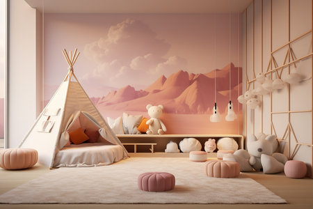 a childrenâs room with a cozy tent, stuffed animals, and a mountain mural on the wall. The room is decorated in soft pastel colors and has a modern design.の素材
