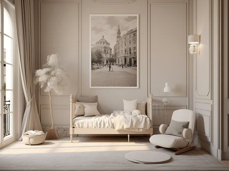 an elegant bedroom with a large black and white photo of a European city on the wall. The room has white furniture, a balcony, and a cozy reading nook with a chair and a lamp.の素材
