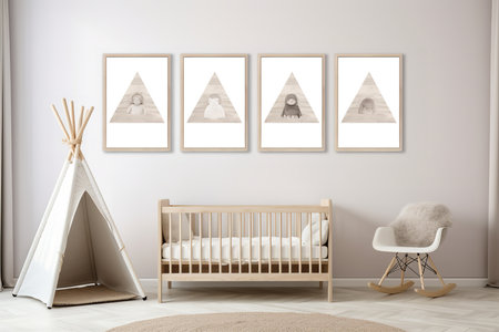 a modern nursery with a wooden crib, a teepee, and mountain-themed wall art. The room has a neutral color palette and a cozy atmosphere.の素材
