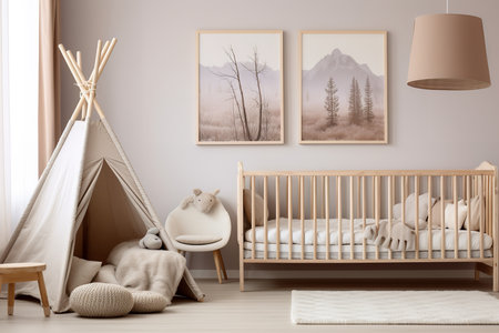 A modern and cozy nursery with a neutral color palette. The room features a teepee, a wooden crib, a gray armchair, and a framed mountain landscape art piece on the wall.の素材