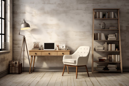 a cozy home office setup with a white armchair, wooden desk, bookshelf, and floor lamp. The room has a large window and a wooden floor, creating a warm and inviting atmosphere.の素材