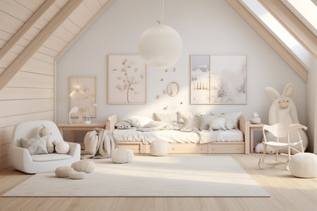 A cozy and modern attic bedroom with a white color scheme and wooden accents. Features a large bed, rocking chair, and stuffed animals. The room is well-lit with natural light from a windowの素材