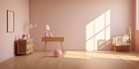 a pink nursery room with a crib, dresser, and table. Sunlight streams in through the window, casting shadows on the wallの素材
