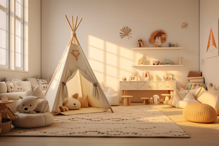 a cozy childrenâs room with a wooden bunk bed, a colorful rug, and playful wall art. The room also features a pink bean bag chair and a small table and chairsの素材