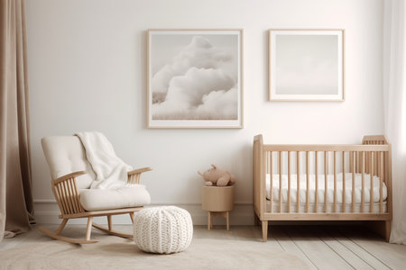 a nursery with a wooden crib, rocking chair, and framed cloud photographs on the wall. The color palette is neutral and the room is well-lit with natural light.の素材