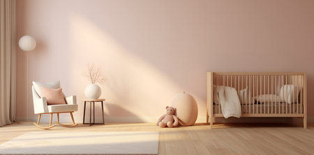 A pink nursery room with a crib, rocking chair, and teddy bear. The room has a modern and minimalist design with a wooden floor and a white rug. The room is well-lit with natural light from a windowの素材