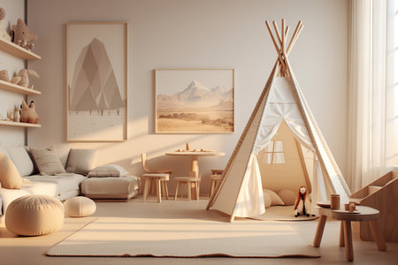 a bright and cozy childrenâs room with a teepee, wooden furniture, and framed art on the walls. The room is decorated in a modern and minimalist style, with a neutral color palette and natural light.の素材