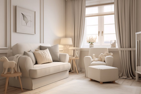 a modern and minimalist nursery room with a crib, armchair, dresser, and framed art on the walls. The color scheme is neutral with light gray walls and white furnitureの素材