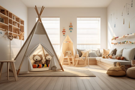 a cozy childrenâs room with a wooden bunk bed, a colorful rug, and playful wall art. The room also features a pink bean bag chair and a small table and chairs.の素材