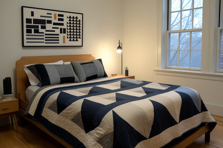 a modern bedroom with a blue and white quilt on the bed, a wooden bed frame, and abstract art on the wall. The room also has a nightstand with a lamp and a plant.の素材