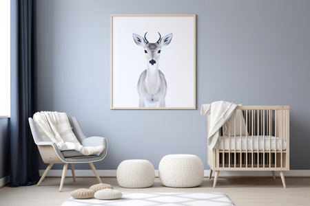 A modern nursery room with a large portrait of a deer on the wall. The room has white furniture, including a crib and a rocking chair, and blue walls. The floor is wooden and there are two white poufs.の素材