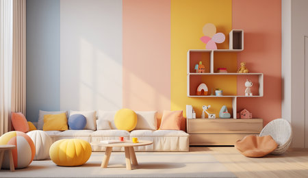 a serene and modern childrenâs bedroom with a wooden floor, white walls, and a large window. The room is decorated with a large elephant poster above the bed, a round rug with an elephant design, and various stuffed animals.の素材