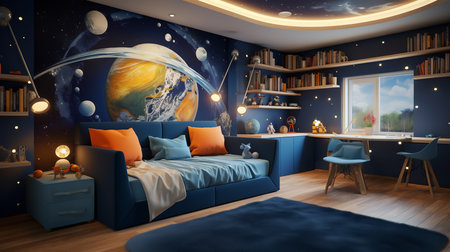 a modern bedroom with a space theme. The room features a blue sofa bed, a desk, a bookshelf, and a window with a view of a green landscape. The walls are decorated with planets, stars, and a large mural of Earth.の素材