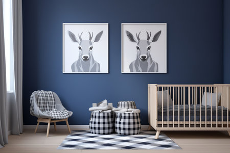a modern nursery room with blue walls and a black and white checkered rug. The room features two paintings of deer heads, a crib, and a chair with an ottoman.の素材