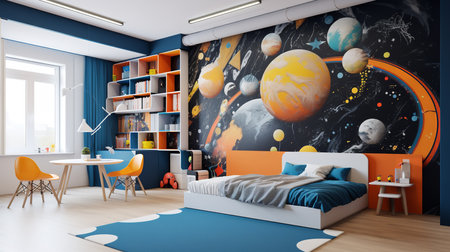 a modern bedroom with a space-themed mural on the wall. The room is furnished with a bed, desk, bookshelf, and other accessories. The color scheme is predominantly blue and orange, creating a vibrant and lively atmosphereの素材