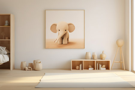 a modern and minimalist living room with a wooden floor and a large elephant canvas on the wall. The room is decorated with wooden furniture and a white rugの素材
