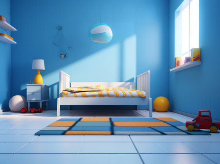 a childâs bedroom with a blue theme. The room has a white bed with a yellow blanket, a blue nightstand with a yellow lamp, a blue bookshelf, a blue rug, and a red toy truck.の素材