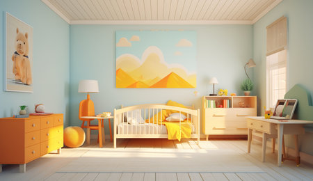a childâs bedroom features a bright and cheerful modern design with a blue wall, white ceiling, yellow dresser with a toy bear, white crib with a yellow blanket, desk with a computer and a lamp, and a painting of mountains on the wall.の素材