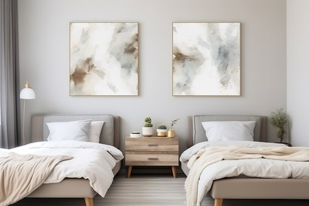 a modern bedroom with a space-themed mural on the wall. The room has a wooden floor and orange and blue accents. The bed is blue with an orange throw blanket.の素材