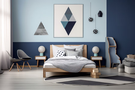 a modern bedroom features a blue and white color scheme, a wooden bed with a white and black patterned comforter, two nightstands with spherical lamps, a gray armchair, and a wooden ladder.の素材