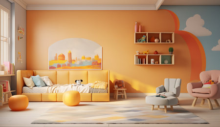 a colorful and playful childrenâs room with a pastel color scheme. The room is filled with toys, furniture, and decorations that are all in a cartoon-like style.の素材
