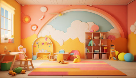 a colorful and playful childrenâs room with a pastel color scheme. The room is filled with toys, furniture, and decorationsの素材