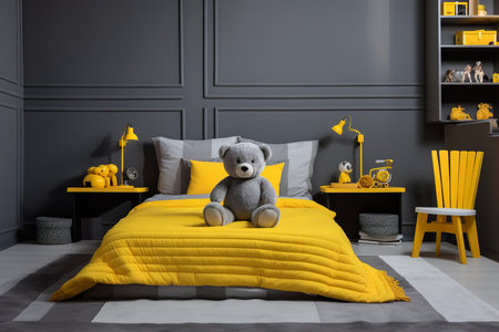 a modern and stylish nursery room with a crib, dresser, rocking chair, and other furniture. The room has a light color scheme with a mountain mural on the wall and a rug with geometric patterns.の素材