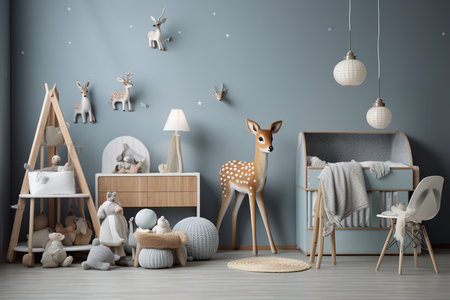 a nursery room with a blue-gray color scheme. The room has a modern and whimsical design with a variety of textures and patterns. The prominent object in the room is a large deer figurine.の素材
