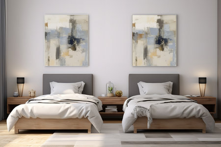a modern bedroom with two twin beds, abstract art, and a neutral color palette. The room is well-lit and has a cozy ambiance.の素材