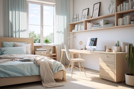 a bedroom with a desk, bookshelf, and plants. The room has a modern and minimalist design. The bed is a light wood color with blue sheets and a white comforter. The desk is also a light wood color with a white chair and a computer monitor.の素材
