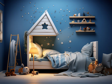 a childrenâs bedroom with a blue theme and white accents. The bed is shaped like a house with a star cutout in the roof and has blue and white striped bedding.の素材