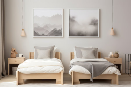a modern bedroom with abstract art on the wall, white and gray bedding, and wooden nightstands. The room is decorated in neutral colors and has a cozy feel.の素材