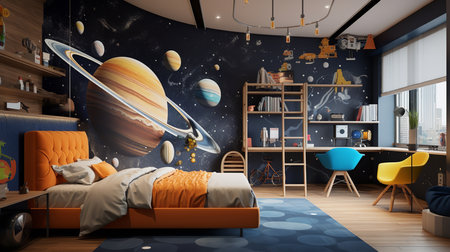 a modern bedroom with a space-themed wall mural, contemporary furniture, and a unique light fixture. The room has a cozy and playful vibe.の素材