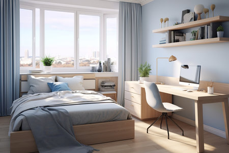A modern bedroom with a bed, desk, and shelves. The color scheme is predominantly blue and white with wooden accents. The room has a large window with a view of the city.の素材
