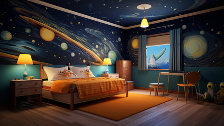 A child's bedroom with a space-themed mural on the walls and ceiling, a bed with a rocket ship comforter, a desk with a lamp, and toys scattered around the roomの素材