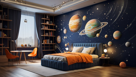 a modern bedroom with a space-themed mural on the wall. The room has a wooden floor and orange and blue accents. The bed is blue with an orange throw blanket.の素材
