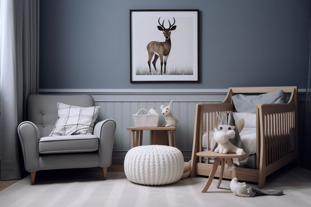 a modern bedroom with a blue and white quilt on the bed, a wooden bed frame, and abstract art on the wall. The room also has a nightstand with a lamp and a plant.の素材
