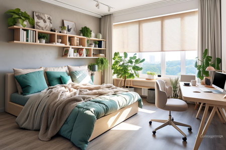 A modern bedroom with a bed, desk, and plants. The room has a large window with a view of the city. The bed is made with a blue-green comforter and a beige throw blanket.の素材
