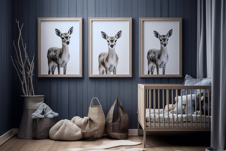 a modern nursery with three framed black and white photographs of a young deer on a blue wall. The room is decorated with a crib, a basket, and a vase of branches. The overall mood is peaceful and serene.の素材