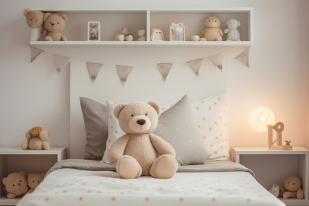 a modern and stylish bedroom with a wooden bed with blue bedding, a wooden ladder, and a blue wall with white geometric shapes. The room also has a blue and white polka dot ottomanの素材