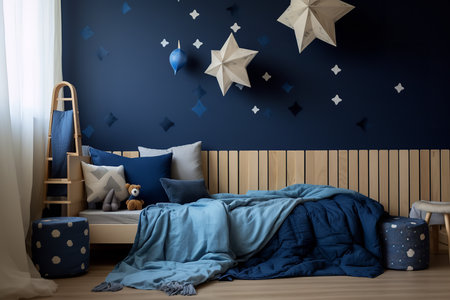 a modern and stylish bedroom with a wooden bed, gray dresser, and wooden shelf. The bed has blue bedding and pillows. The wall behind the bed is dark blue with white star decorations hanging from it.の素材