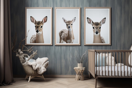 a nursery room with a wooden crib and a basket of blankets. The walls are covered in a gray wood paneling and there are three framed pictures of young deer hanging above the crib.の素材