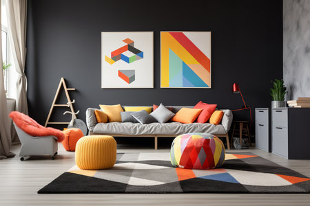 A modern living room with a black wall, colorful geometric art, and a gray sofa with colorful pillows. The room has a wooden floor and a geometric rug. There is a red lamp and a wooden ladder in the corner.の素材