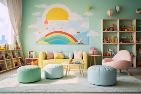 a modern and stylish childrenâs bedroom with a unique and playful color scheme. The room has a gray and orange color scheme with a large mural of mountains and planets on the wall.の素材