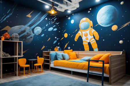 a modern and stylish childrenâs bedroom with a space theme. The room features a blue wall with a mural of an astronaut, planets, and stars. The furniture is contemporary and includes a yellow sofa, a bookshelf, and a desk with a chair.の素材