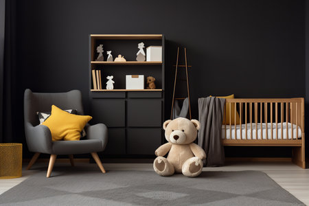 a modern and stylish nursery room with a black wall, a gray armchair, a wooden crib, a bookshelf, and a large teddy bear. The room is decorated with yellow accents and has a cozy and welcoming atmosphere.の素材