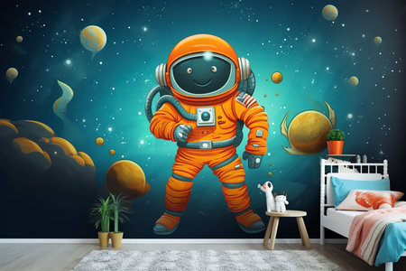 Astronaut mural in a childâs bedroom. Digital illustration of an orange suit astronaut floating in space with planets and stars. Room has bed, nightstand, and plant.の素材