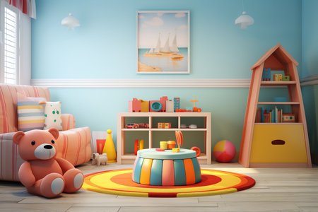 a childrenâs room with a blue wall, a pink striped sofa, a teddy bear, a colorful rug, a bookshelf, and a painting of sailboats. The room is well-lit and has a cheerful atmosphere. The furniture is mostly white and pastel colors.の素材