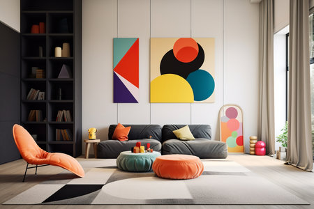 A modern home office with a yellow theme. Desk, chair, shelves, and hanging lamps. Suitable for interior design and home office inspiration.の素材
